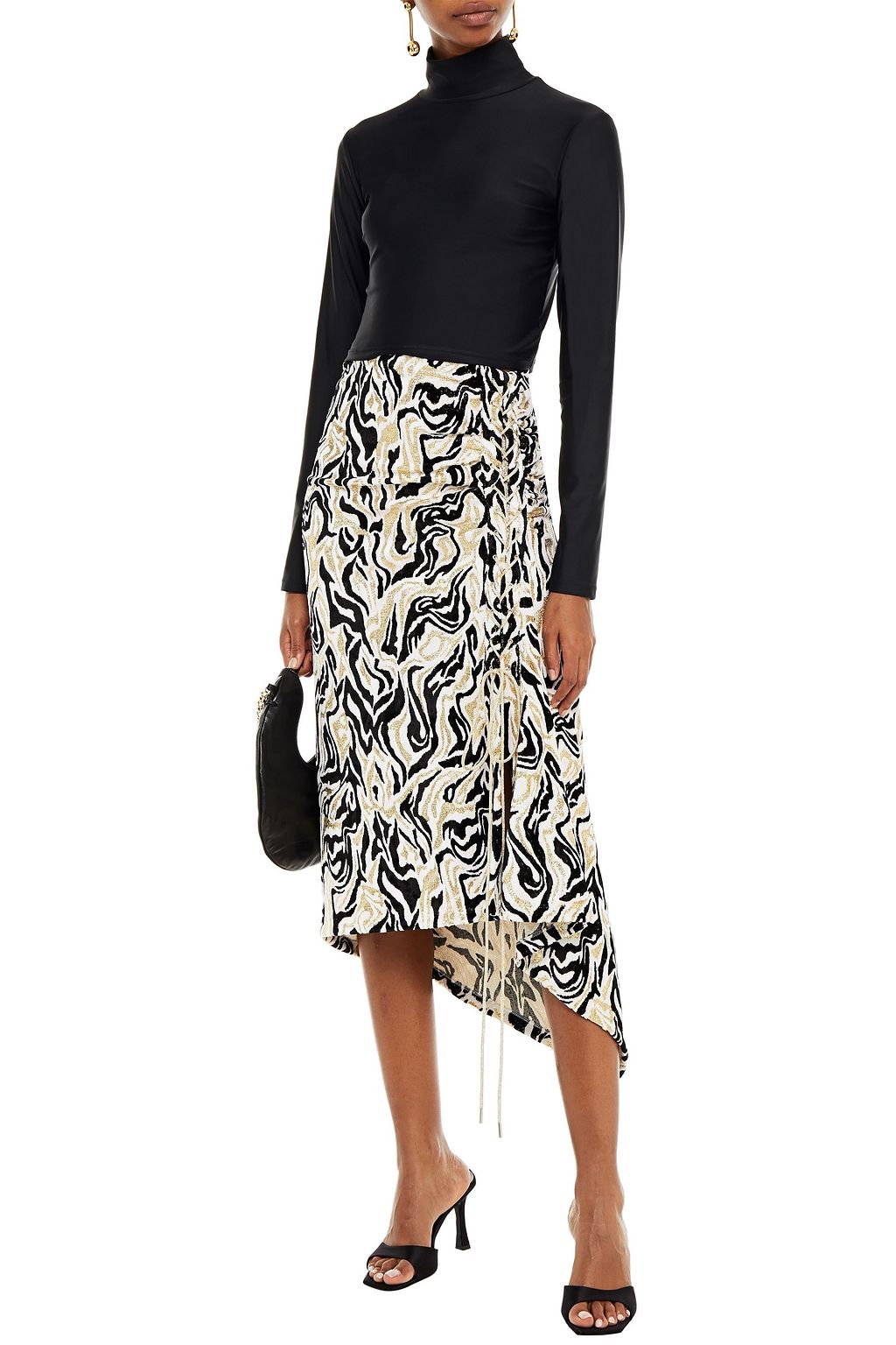 RABANNE Lace-up ruched metallic chenille-jacquard midi skirt