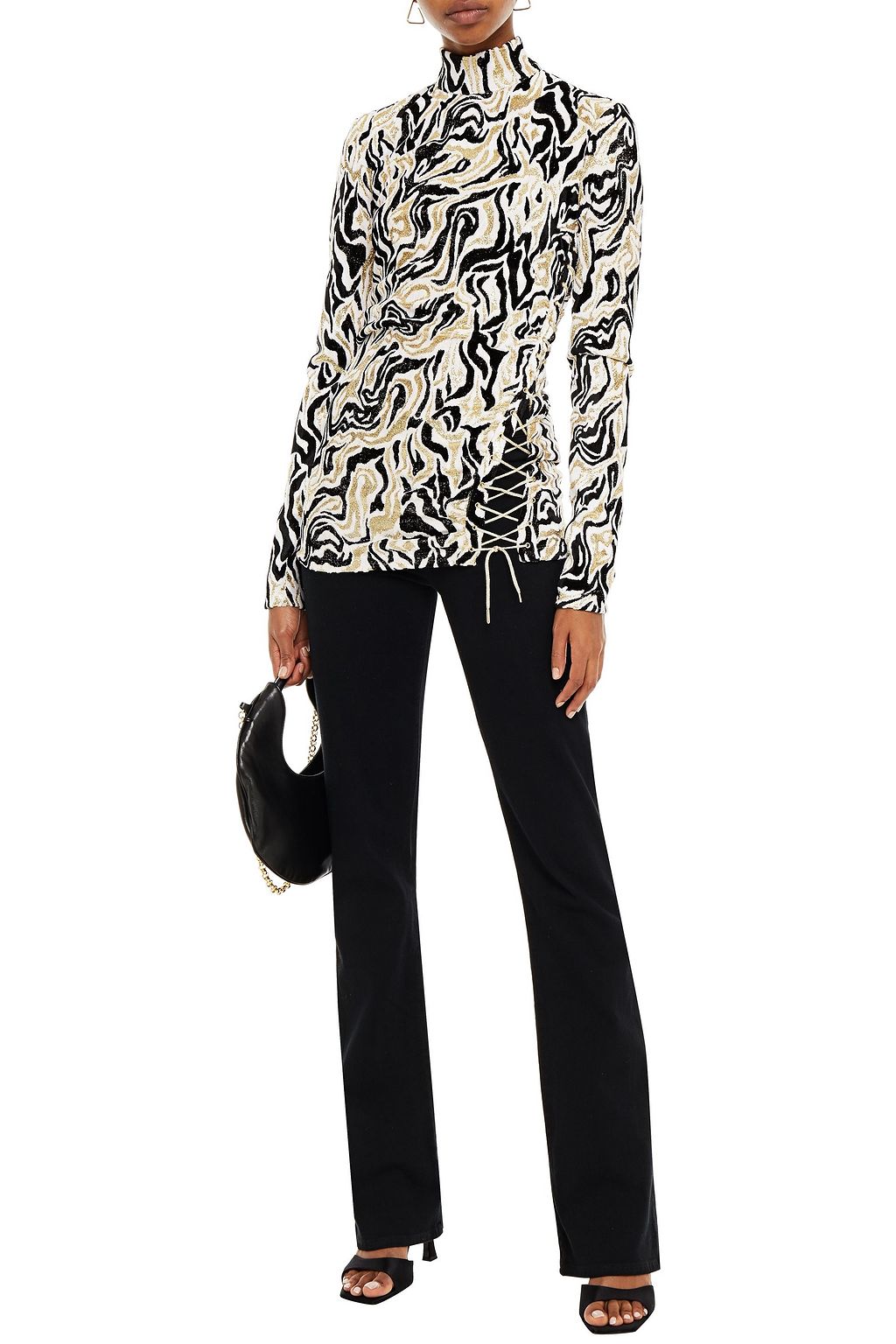 RABANNE Lace-up metallic chenille-jacquard turtleneck top