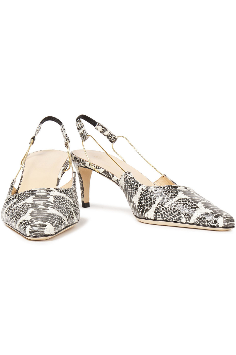 BY FAR CHAIN-TRIMMED SNAKE-EFFECT LEATHER PUMPS 3074457345624043856