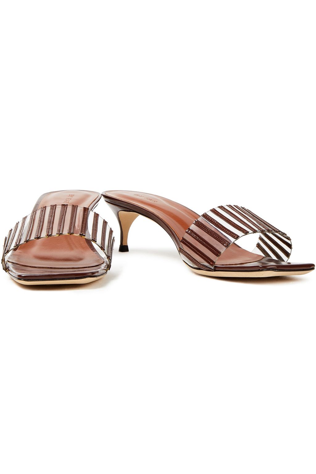 BY FAR Mei PVC-trimmed and patent-leather mules