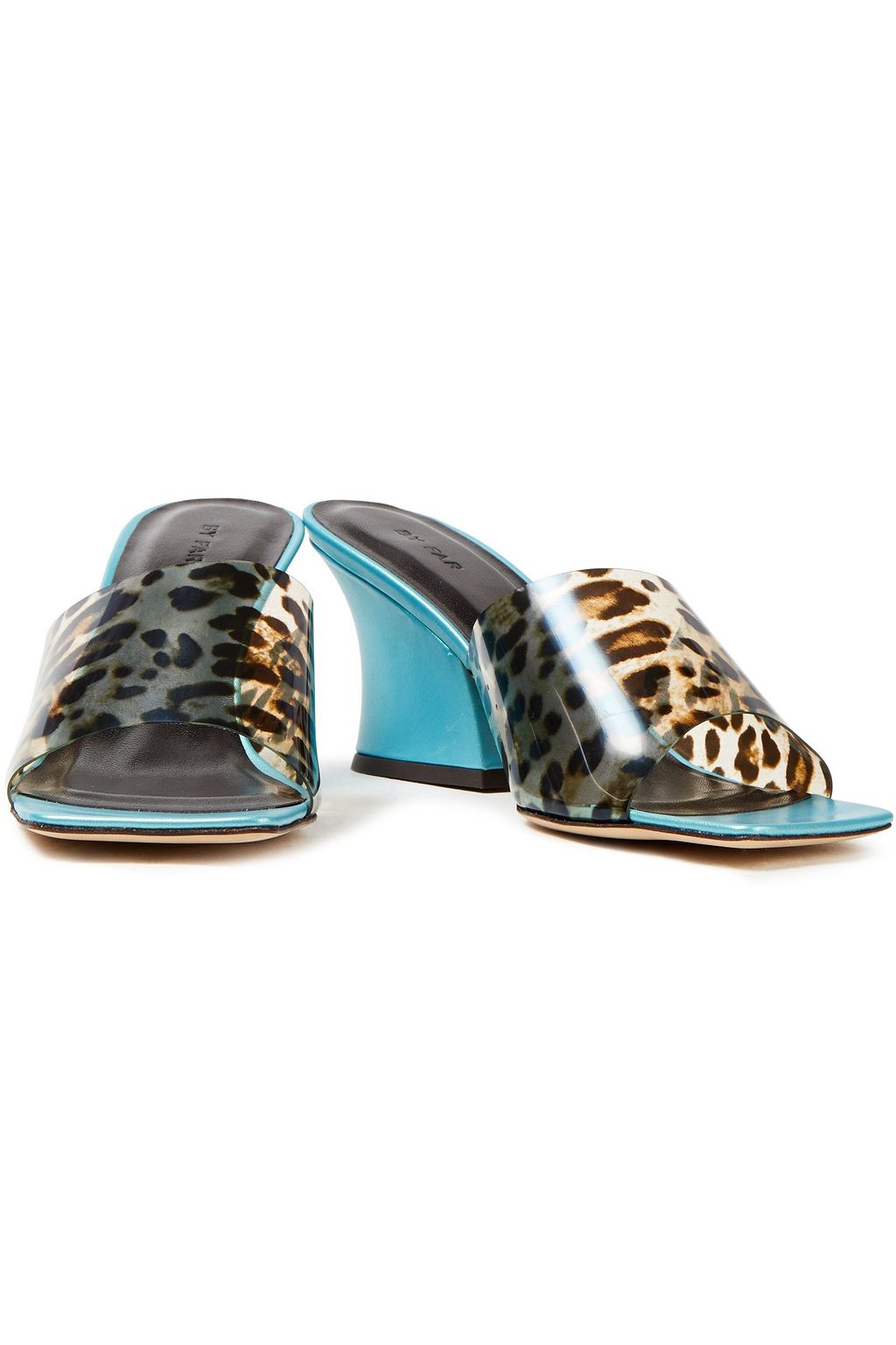 BY FAR Dolly leopard-print PVC and metallic leather mules