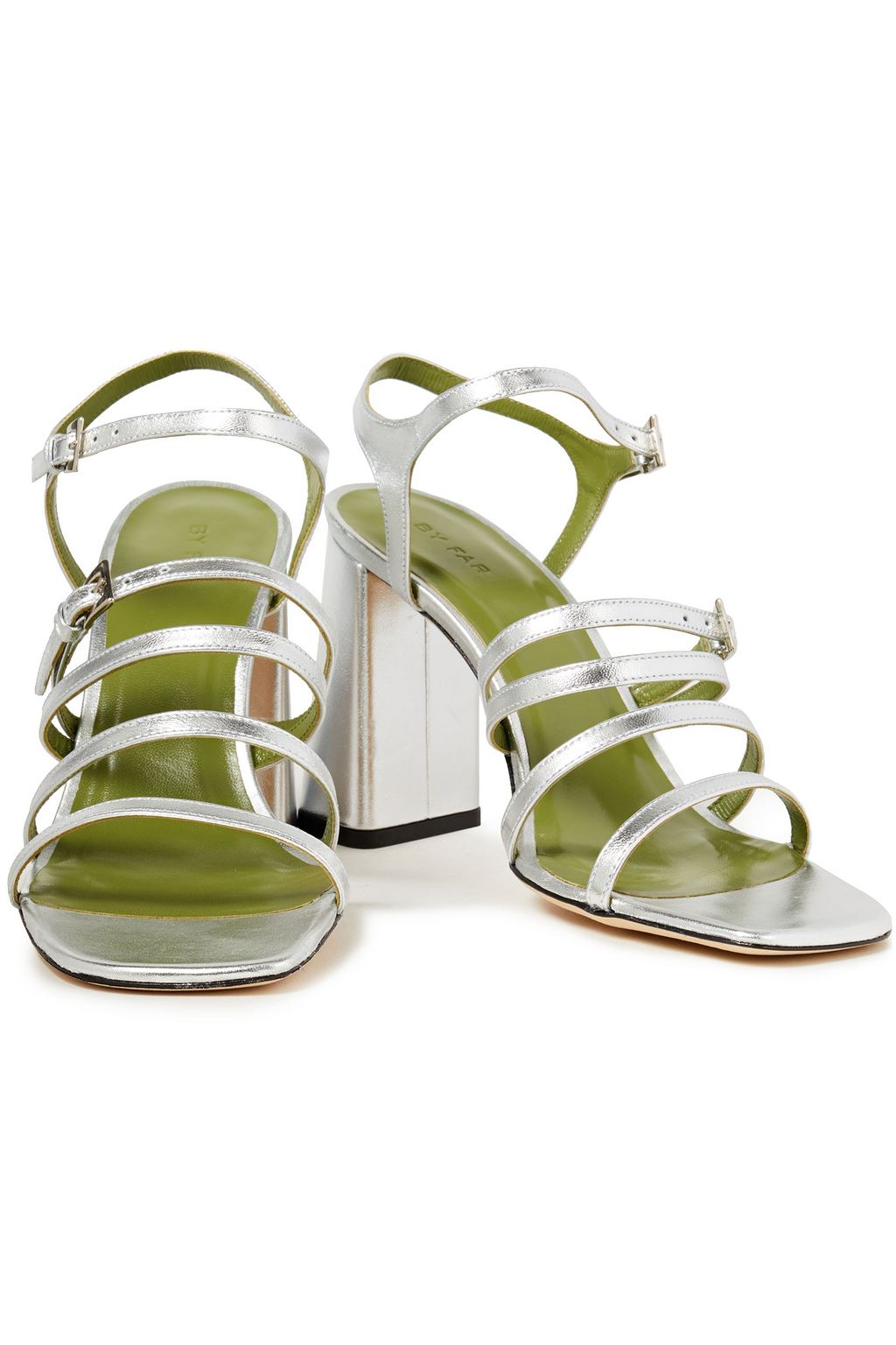 BY FAR Goldie buckled metallic leather sandals