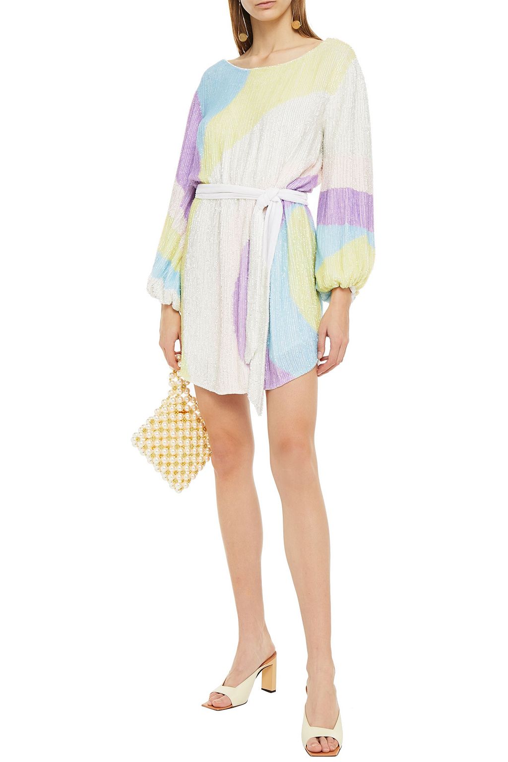 RETROFÊTE Velvet-trimmed printed sequined chiffon mini dress