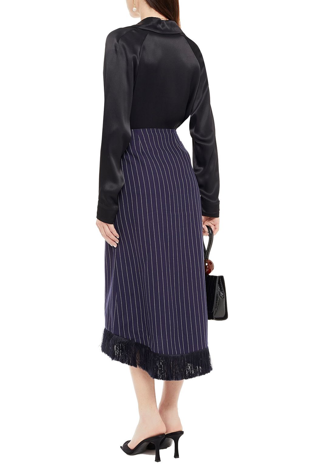 MOTHER OF PEARL Hattie fringe-trimmed pinstriped organic cotton-twill midi wrap skirt