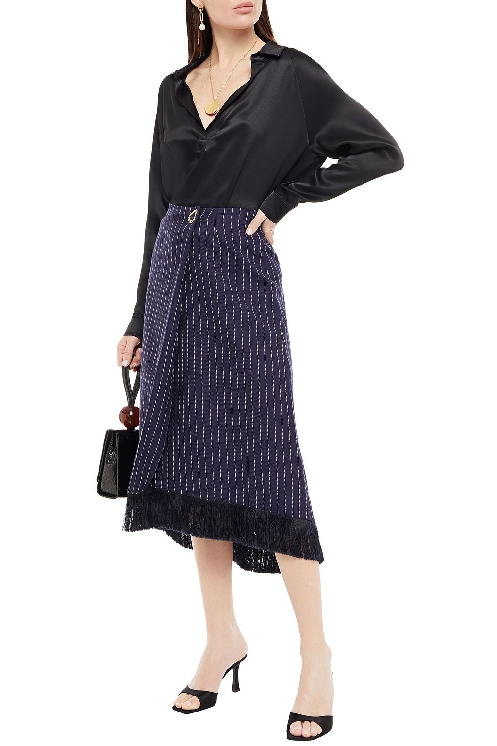 MOTHER OF PEARL Hattie fringe-trimmed pinstriped organic cotton-twill midi wrap skirt