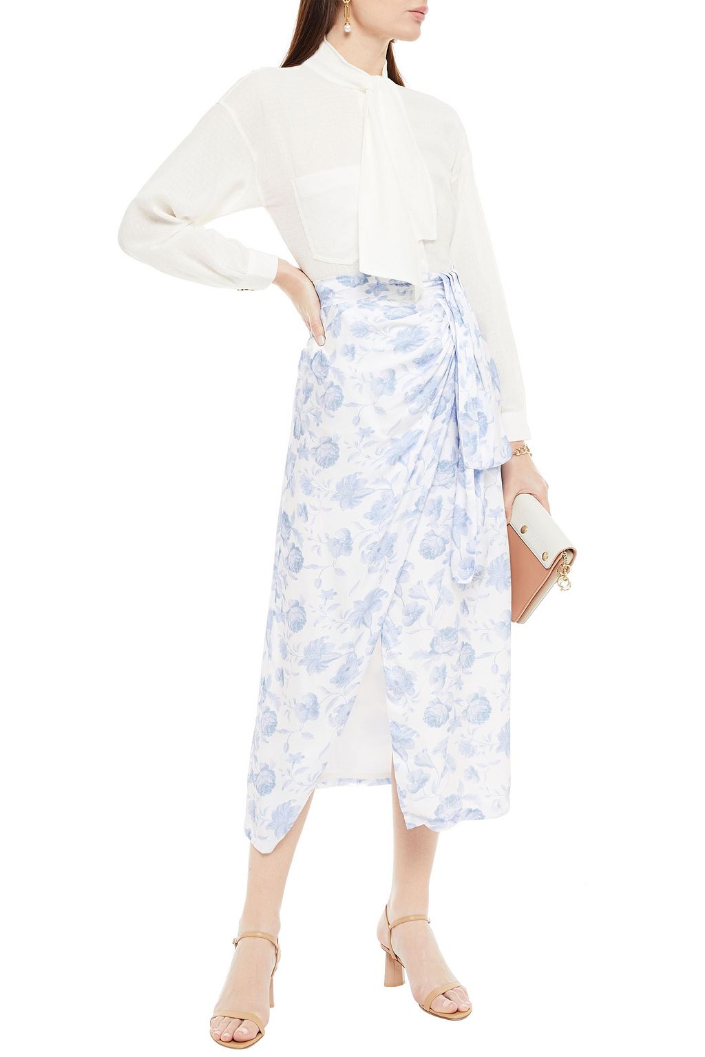 MOTHER OF PEARL Annabelle wrap-effect floral-print hammered-satin midi skirt