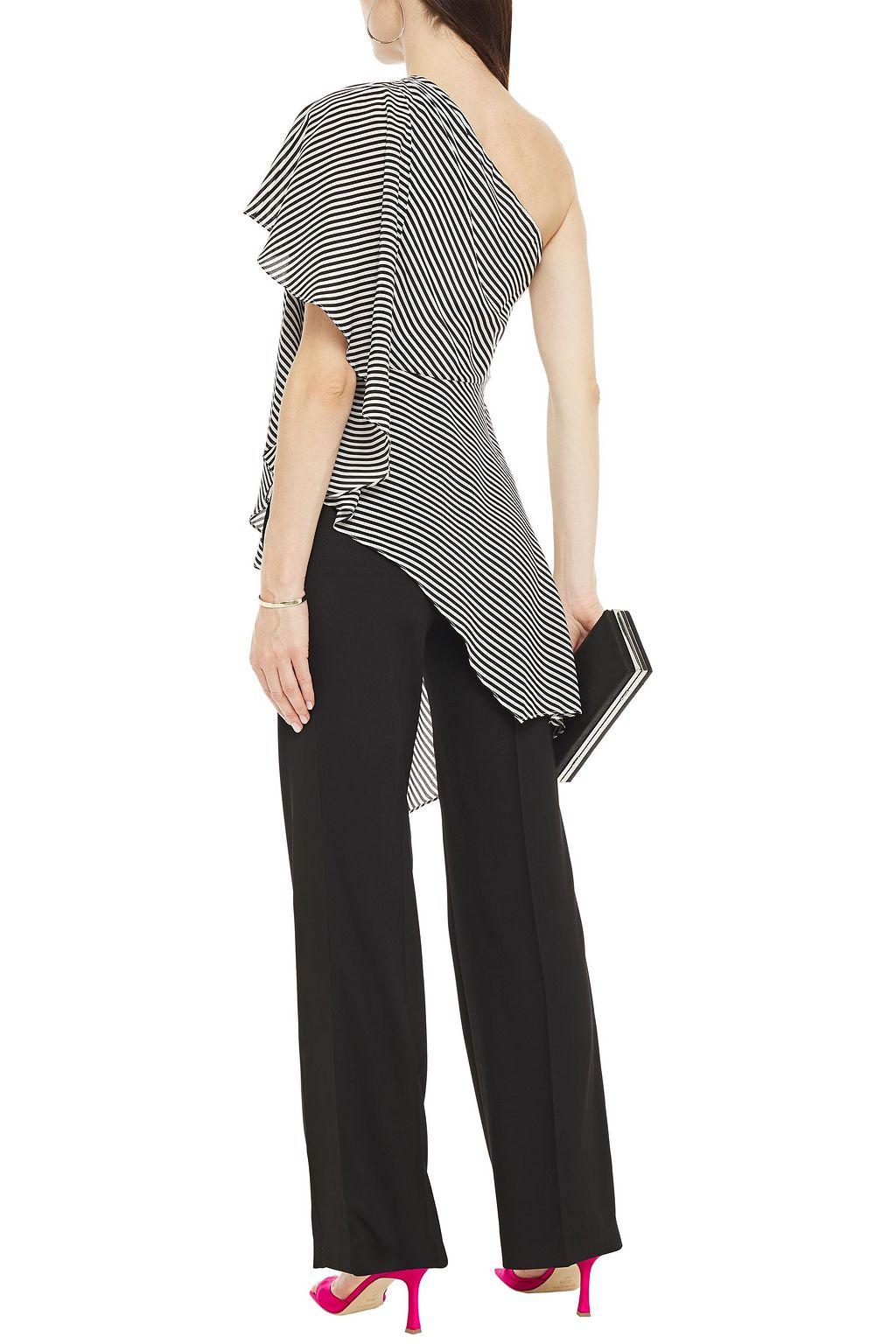 HALSTON One-shoulder striped silk crepe de chine top