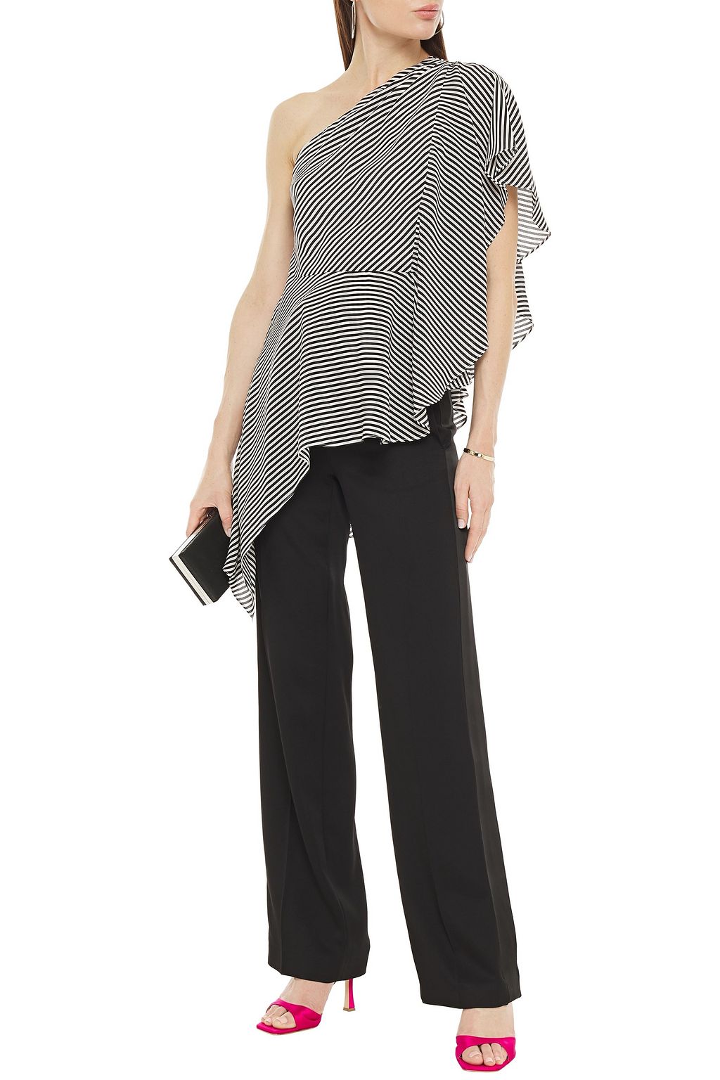 HALSTON One-shoulder striped silk crepe de chine top