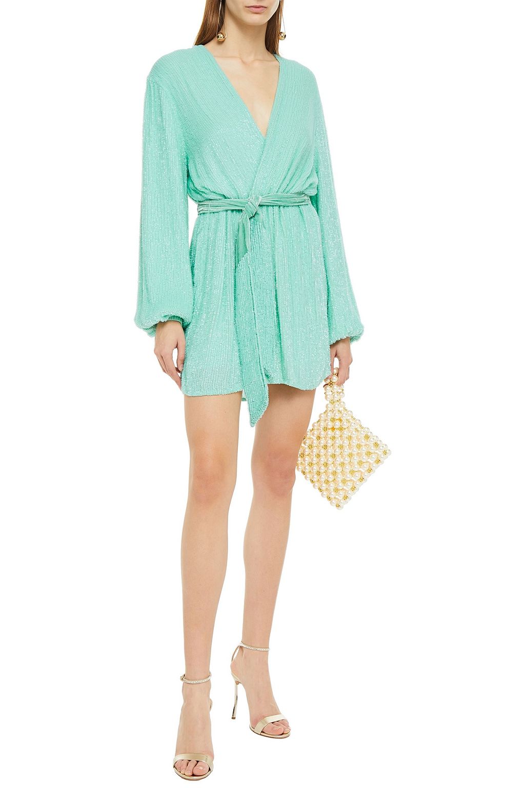 RETROFÊTE Gabrielle velvet-trimmed sequined chiffon mini wrap dress