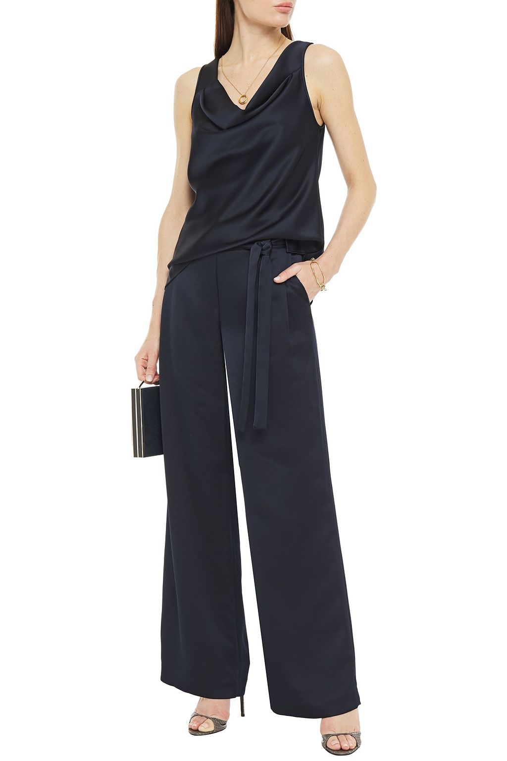 HALSTON Belted satin wide-leg pants