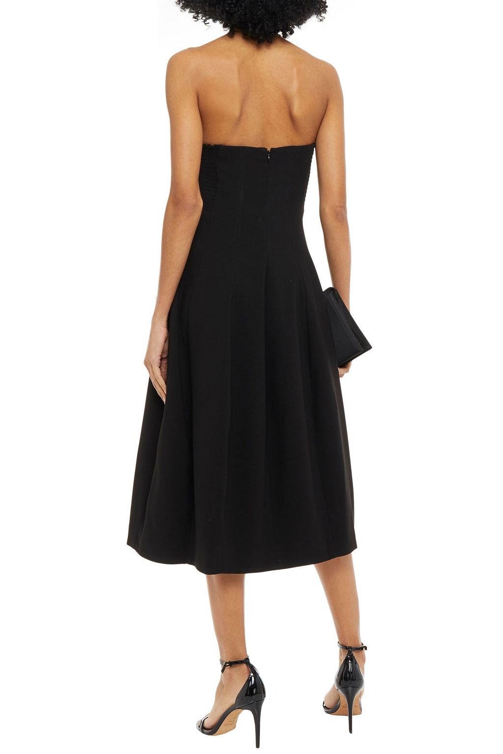 HALSTON Strapless ruffled organza-trimmed shirred crepe midi dress