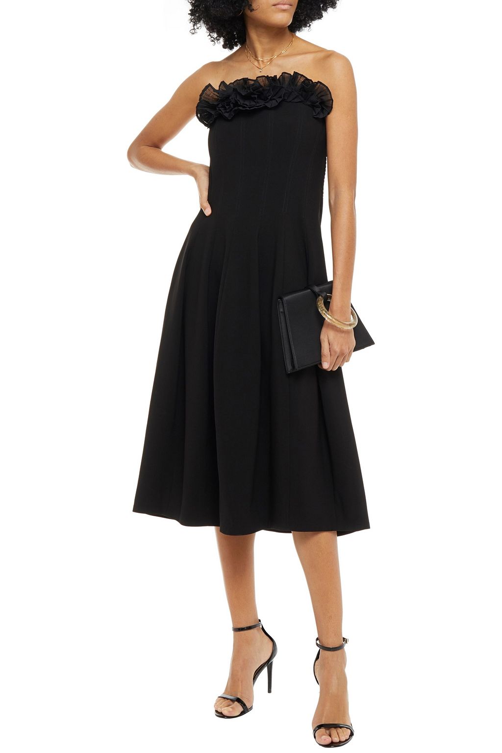 HALSTON Strapless ruffled organza-trimmed shirred crepe midi dress
