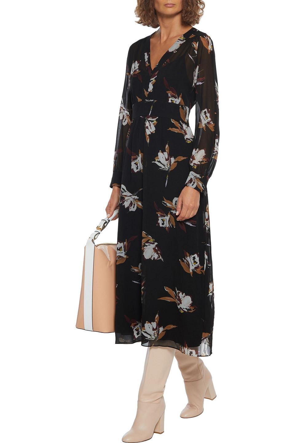 Click to view more detailed imagery on our partner's website Max Mara Olea Gathered Floral-print Silk-chiffon Midi Dress In Black