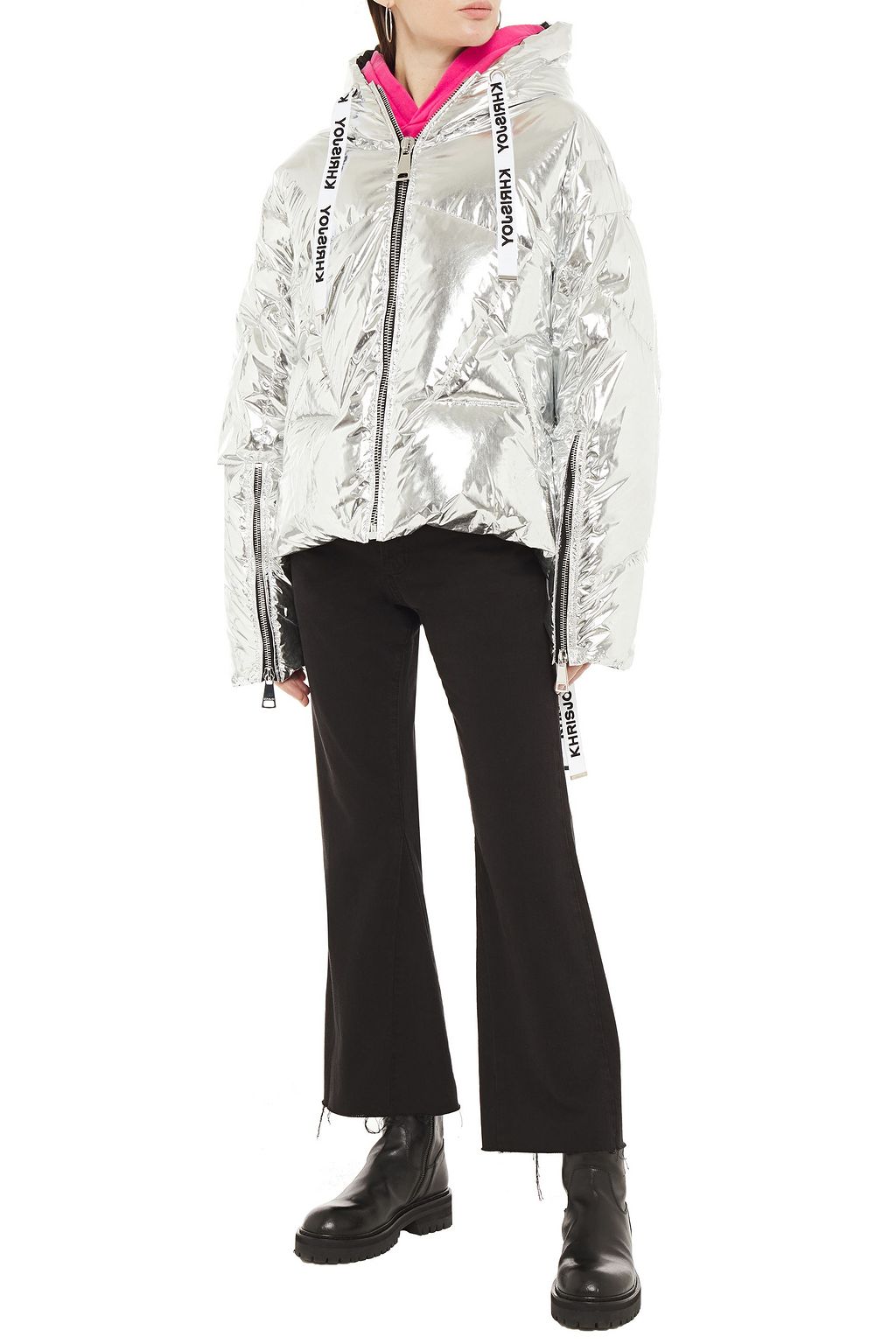 KHRISJOY Quilted metallic shell hooded down jacket