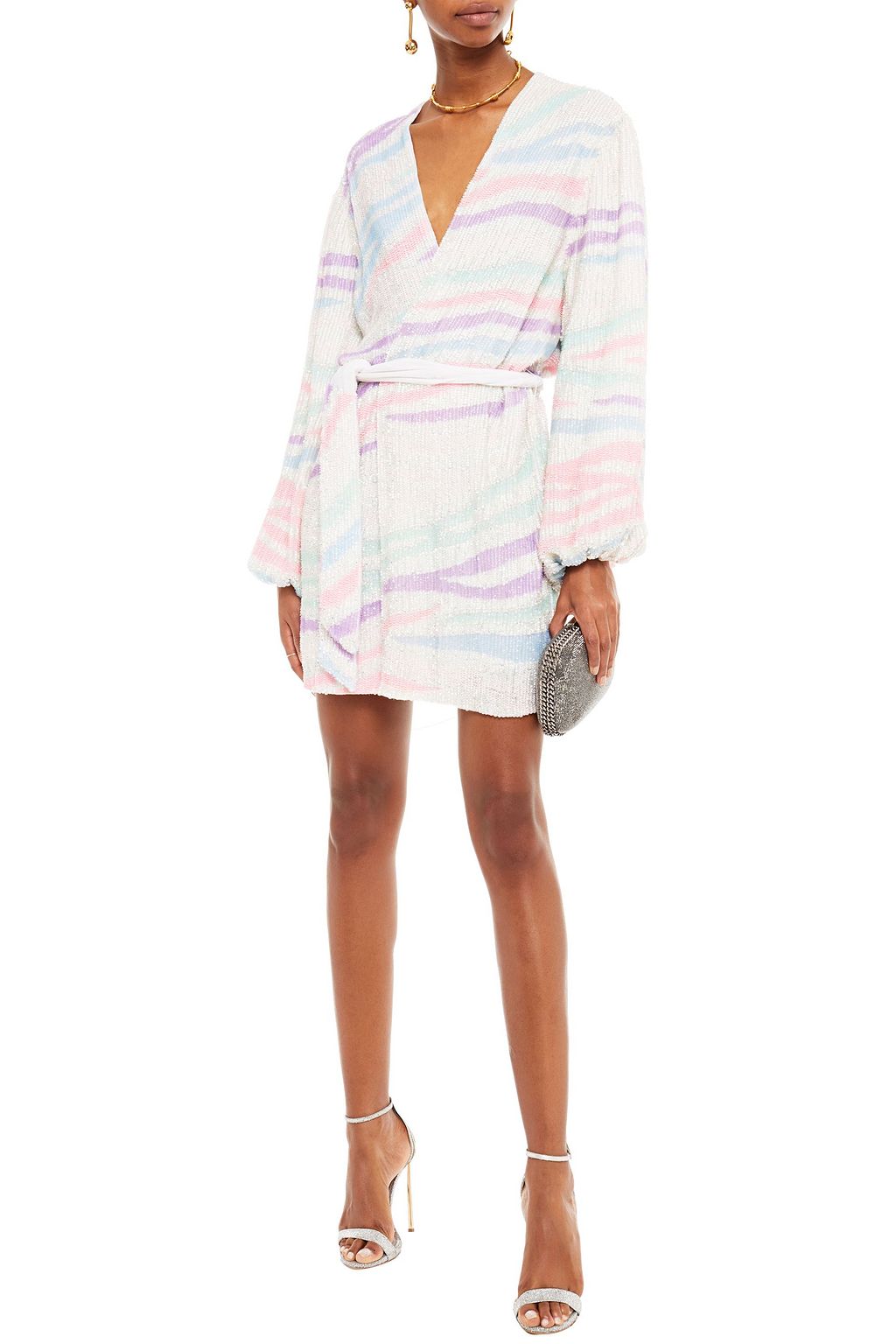RETROFÊTE Gabrielle velvet-trimmed sequined chiffon mini wrap dress