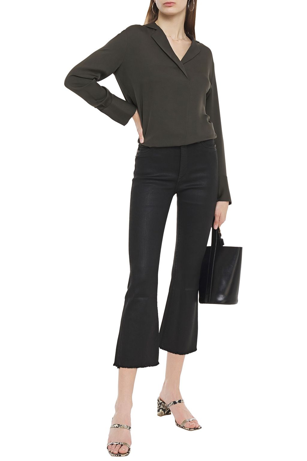 DL1961 Bridget cropped frayed coated high-rise kick-flare jeans