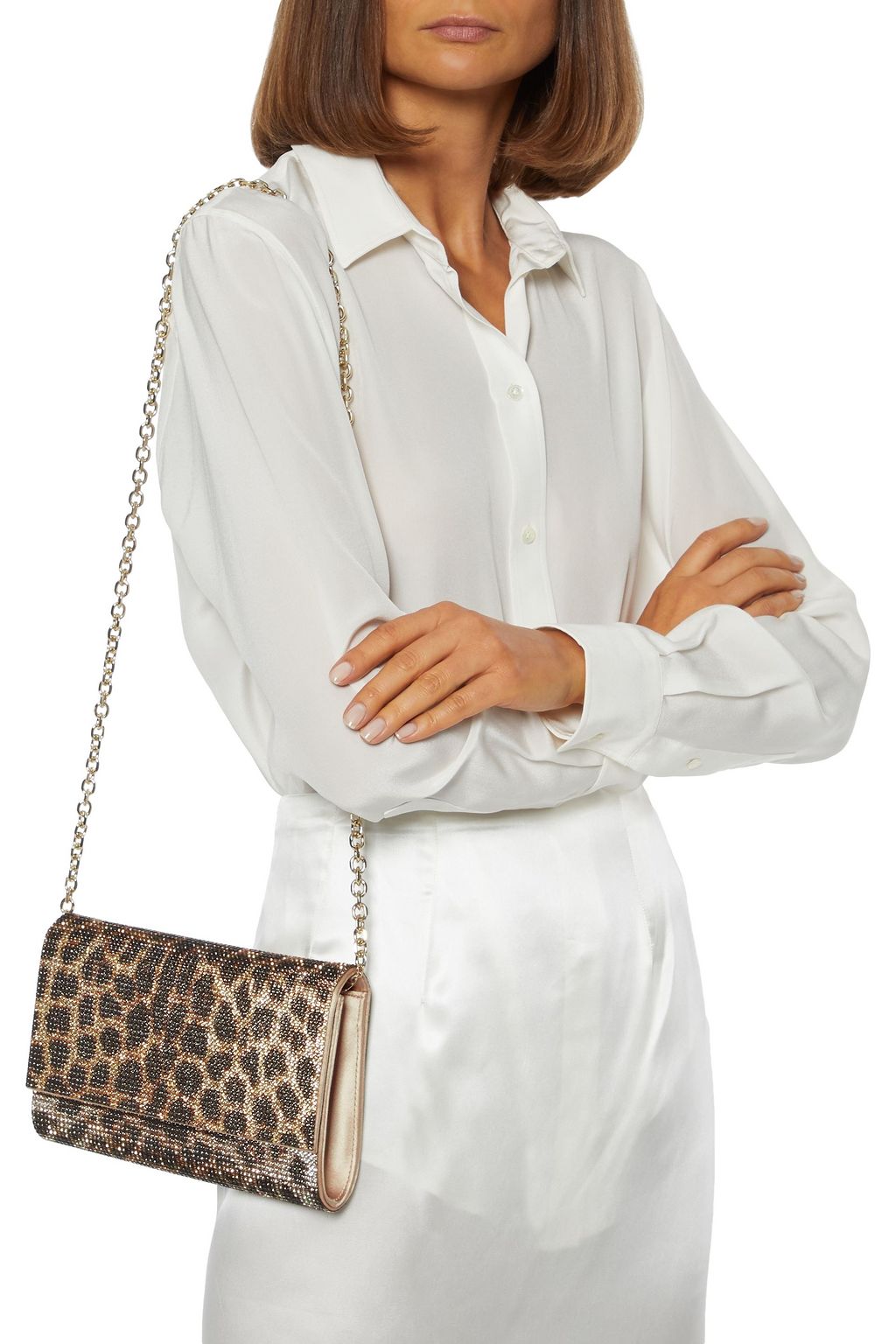 JUDITH LEIBER COUTURE Crystal-embellished leopard-print satin clutch