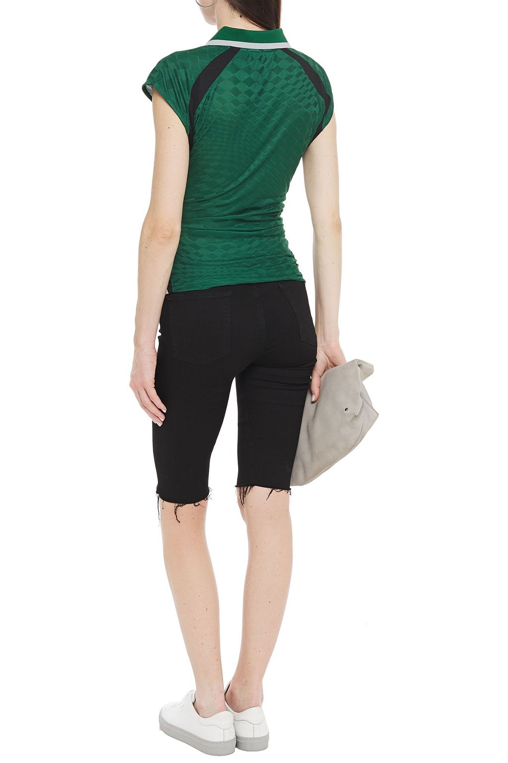 ALEXANDERWANG.T Tie-front mesh-paneled appliquéd jacquard-knit polo shirt