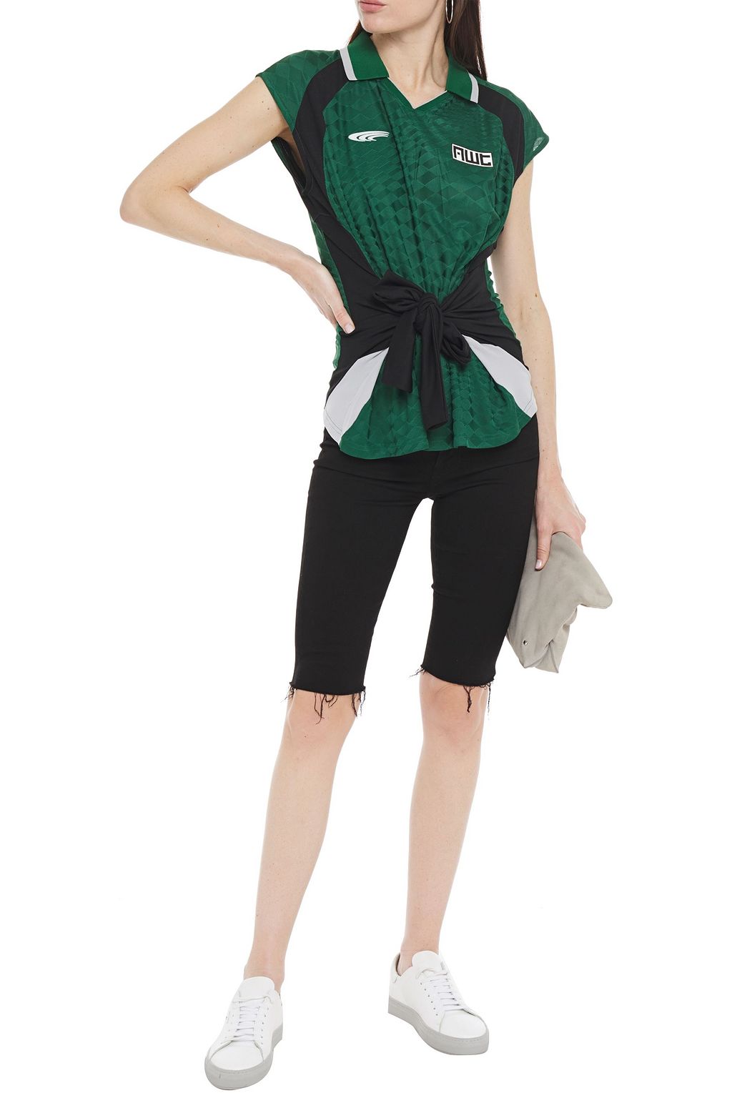 ALEXANDERWANG.T Tie-front mesh-paneled appliquéd jacquard-knit polo shirt