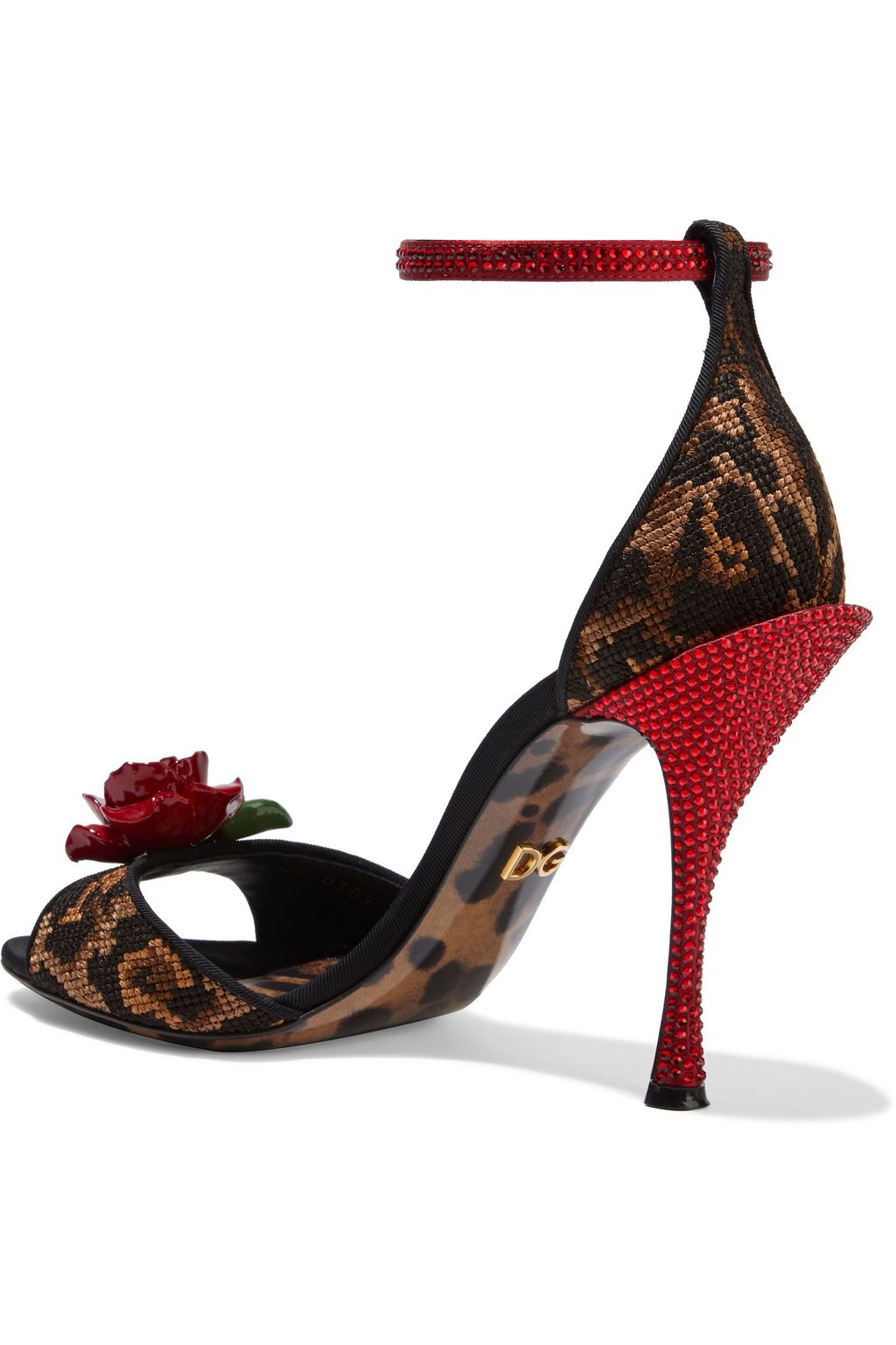 DOLCE&GABBANA صندل «كيرا» من الجاكار المزين بنقوش جلد الفهد مع تصميمات من الورود المخيطة