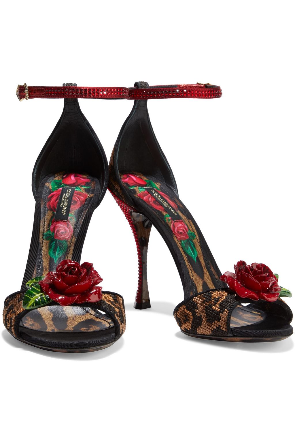 DOLCE&GABBANA صندل «كيرا» من الجاكار المزين بنقوش جلد الفهد مع تصميمات من الورود المخيطة