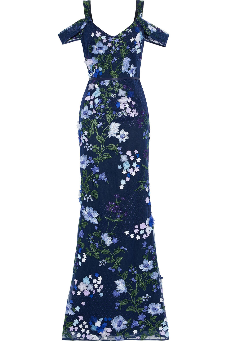 Marchesa Notte Woman Cold-shoulder Floral-appliquéd Embroidered Tulle Gown Navy Size 10