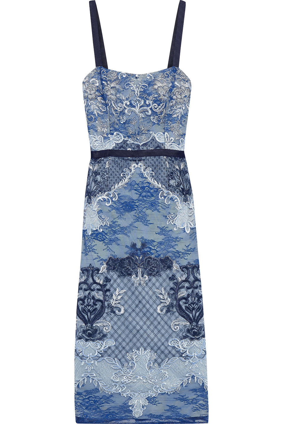 Marchesa Notte Woman Paneled Embroidered Corded Lace And Tulle Midi Dress Navy Size 10