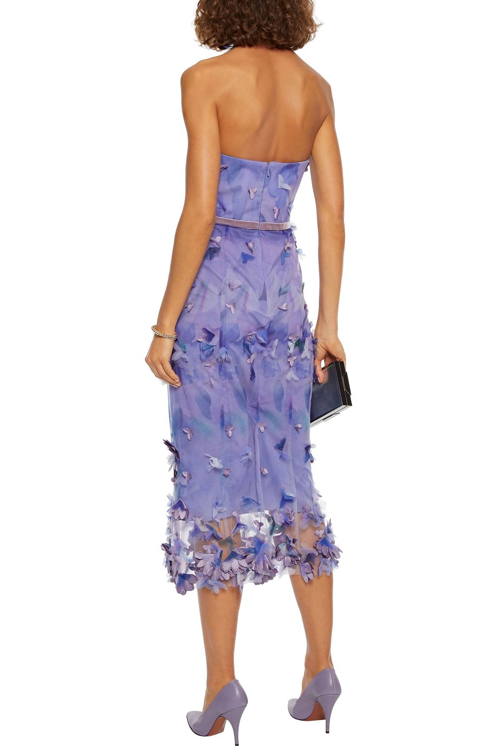 MARCHESA NOTTE Appliquéd printed tulle halterneck midi dress