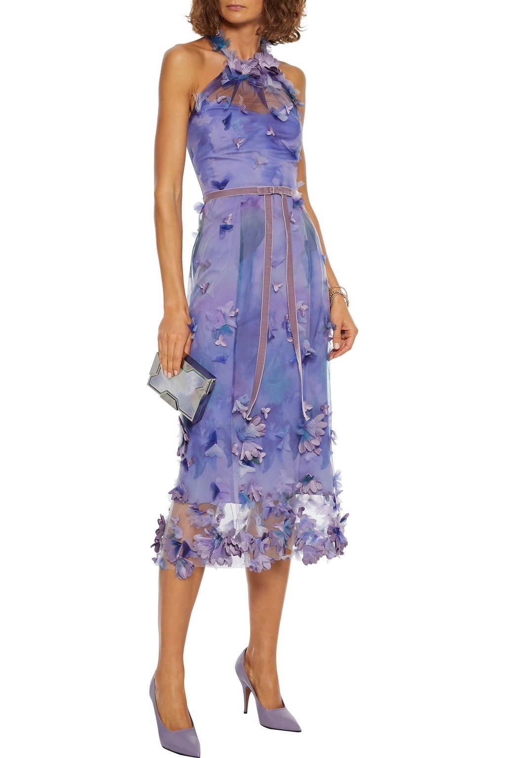 MARCHESA NOTTE Appliquéd printed tulle halterneck midi dress