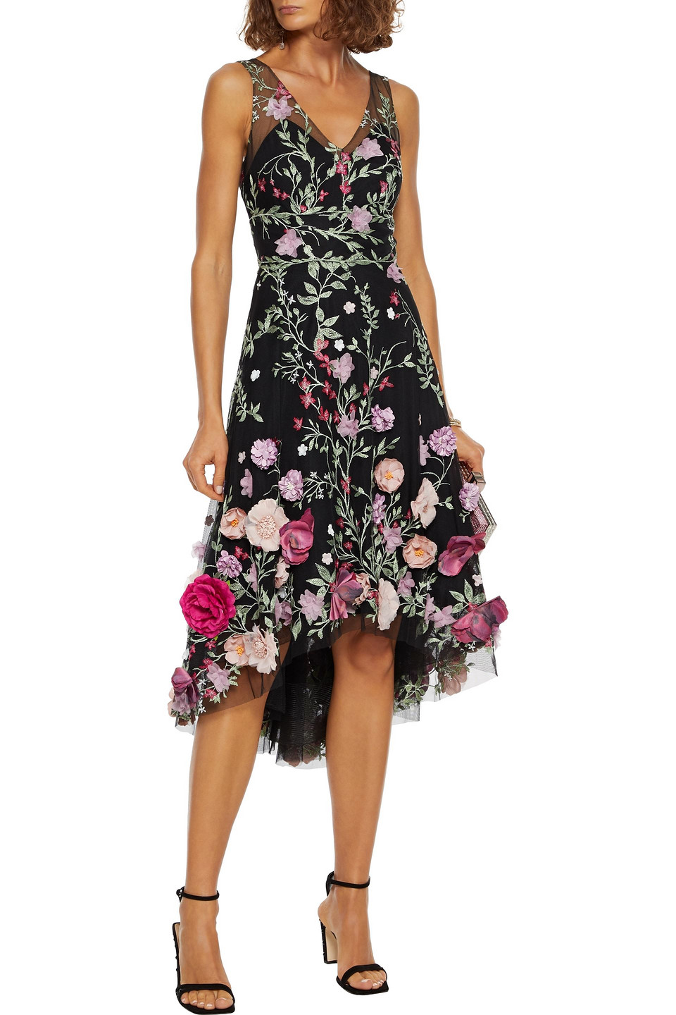 Marchesa Notte Asymmetric Floral appliqued Embroidered Tulle Dress In Black ModeSens