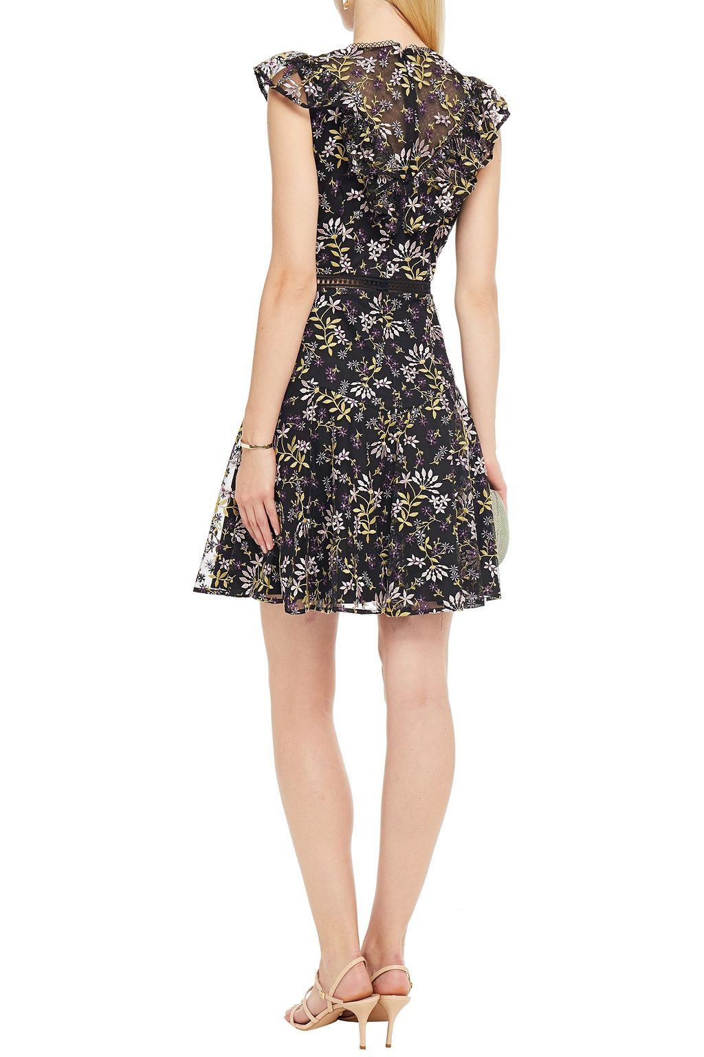 ML MONIQUE LHUILLIER Crochet-trimmed pleated embroidered tulle dress