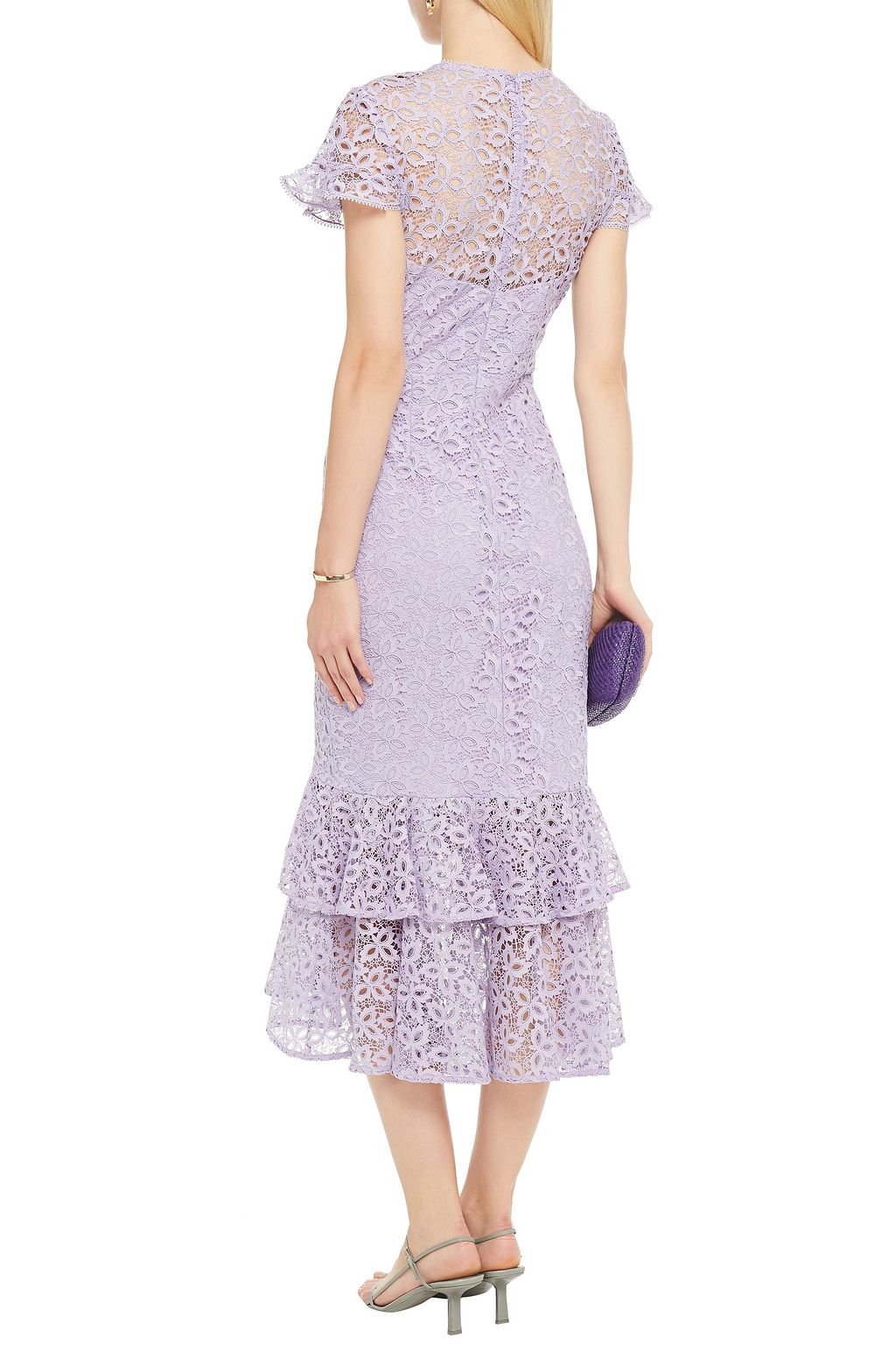 ML MONIQUE LHUILLIER Tiered crochet-trimmed guipure lace midi dress