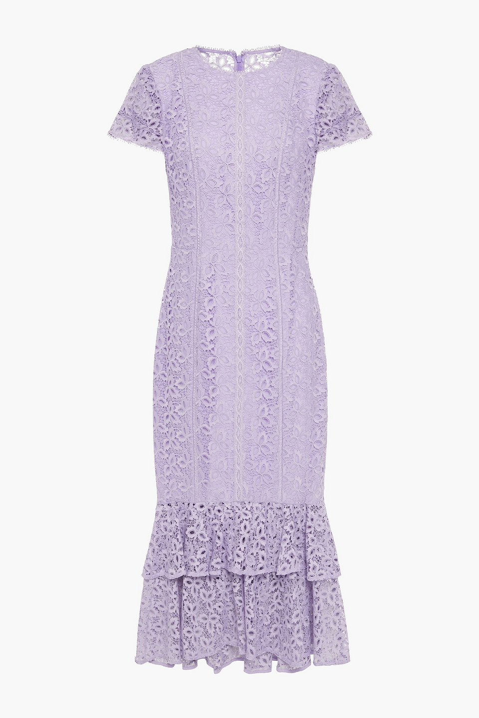 Ml Monique Lhuillier Woman Tiered Crochet-trimmed Guipure Lace Midi Dress Lavender Size 8