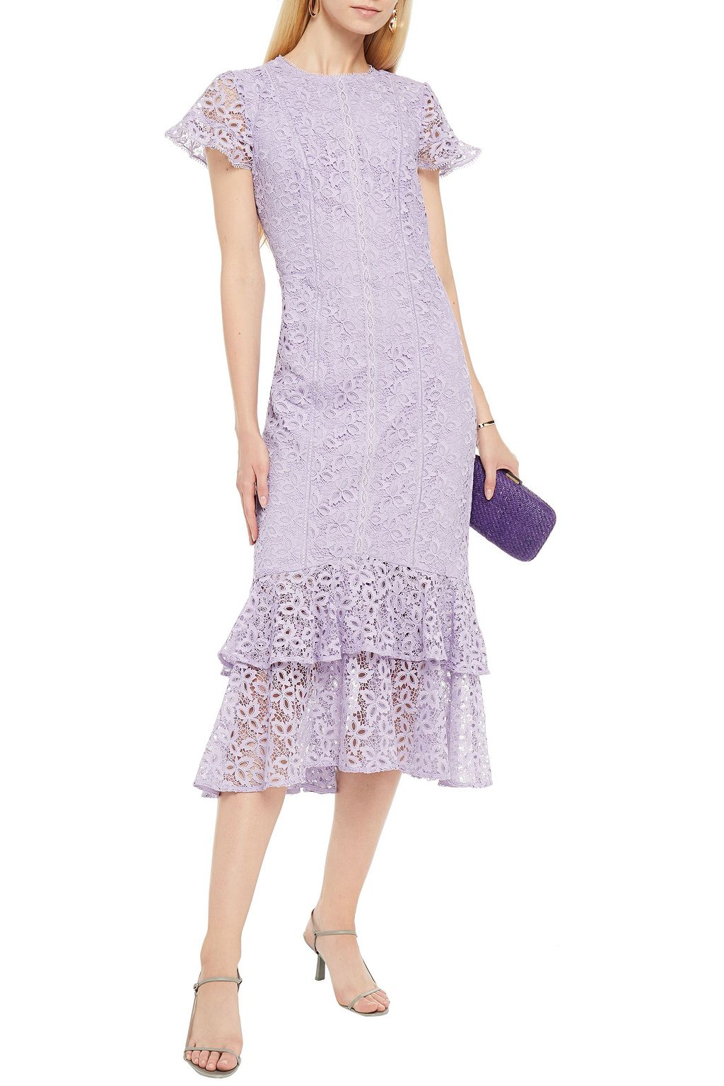 ML MONIQUE LHUILLIER Tiered crochet-trimmed guipure lace midi dress