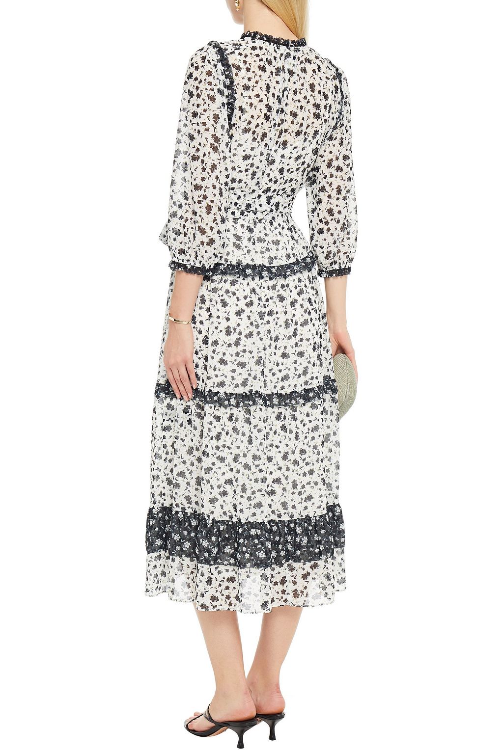ML MONIQUE LHUILLIER Tiered ruffle-trimmed floral-print crepe midi dress