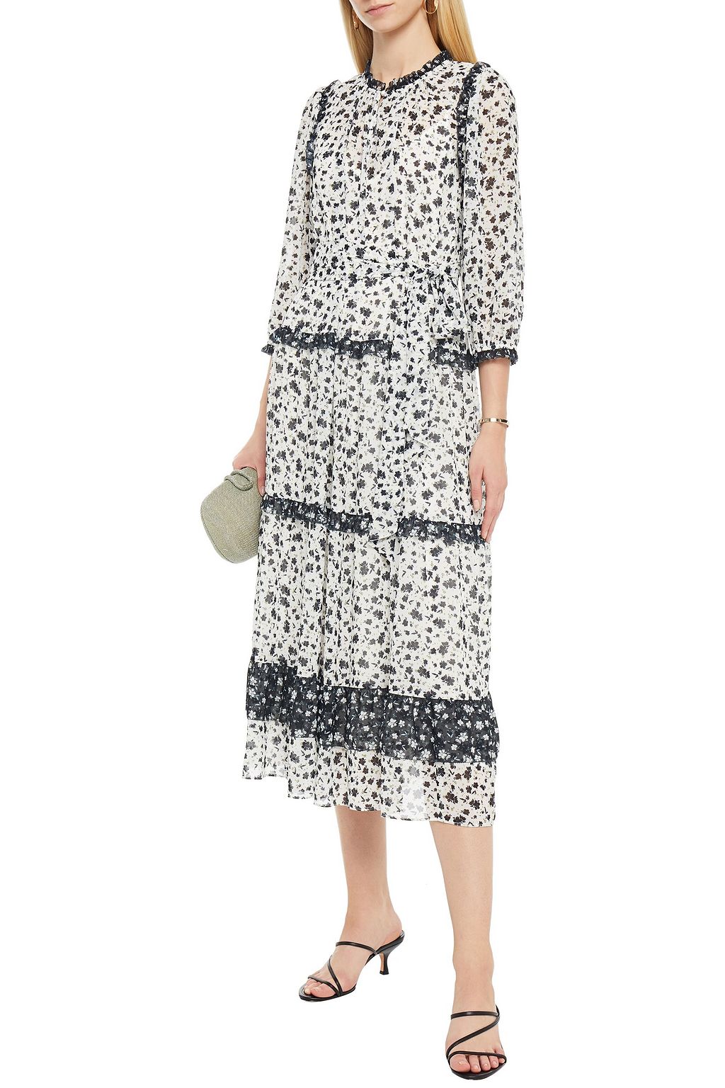 ML MONIQUE LHUILLIER Tiered ruffle-trimmed floral-print crepe midi dress