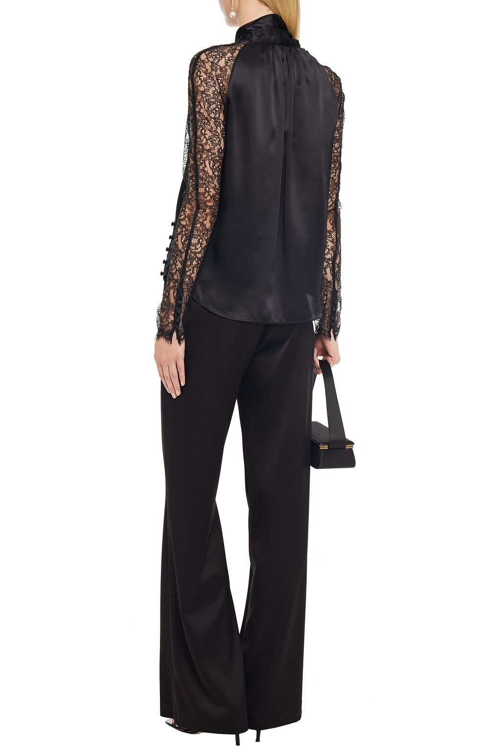 SIMKHAI Tie-neck corded lace and silk-satin blouse