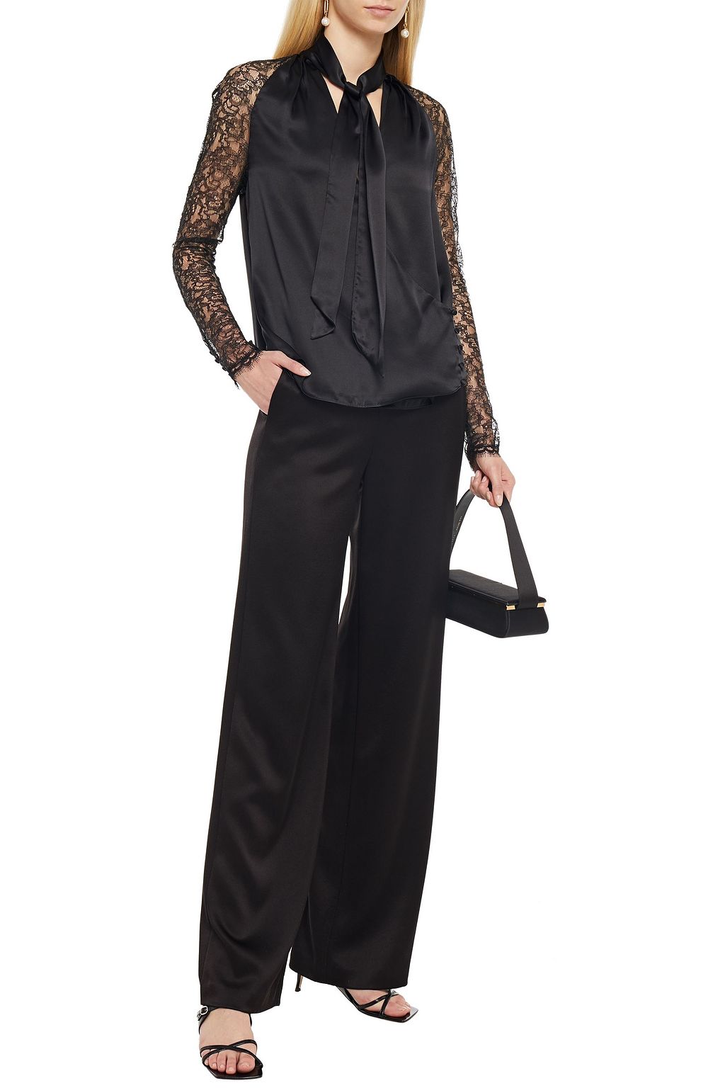 SIMKHAI Tie-neck corded lace and silk-satin blouse