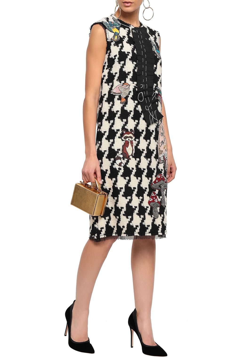 DOLCE&GABBANA Embellished houndstooth wool-blend tweed dress