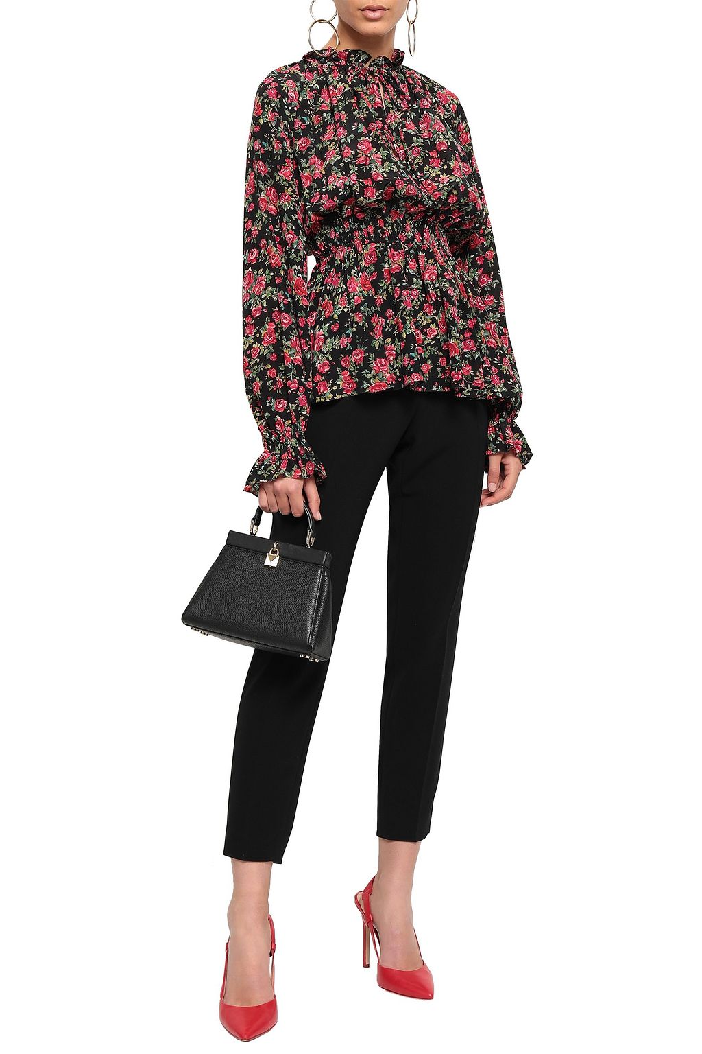 DOLCE&GABBANA Shirred floral-print silk crepe de chine blouse