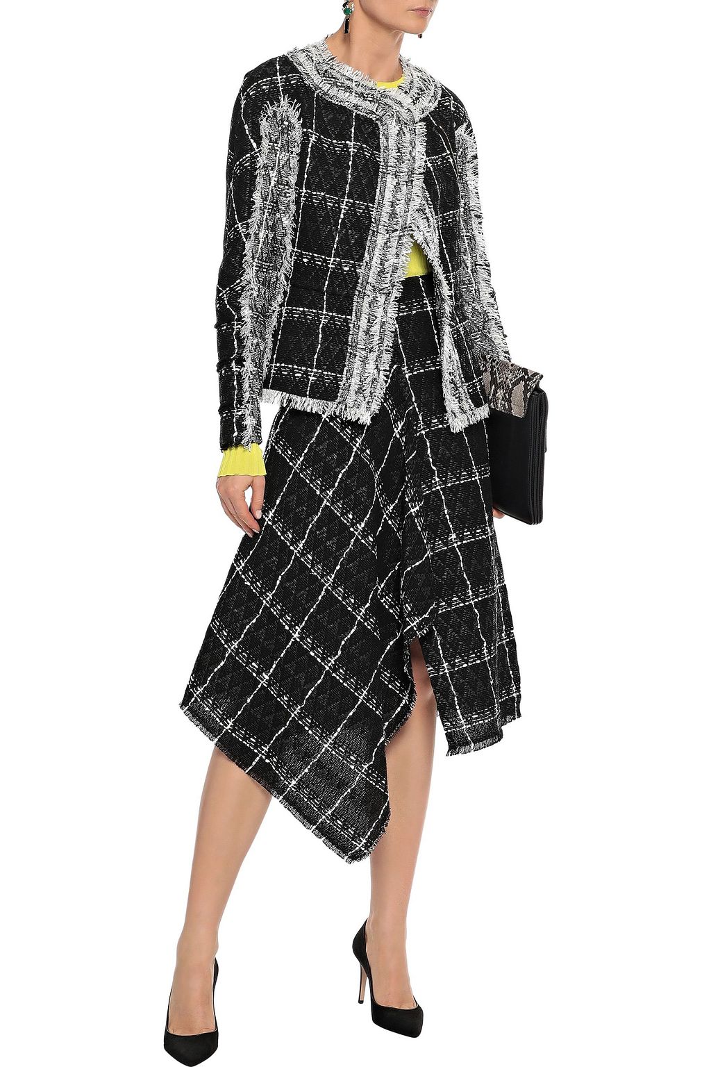 ROLAND MOURET Keaton draped checked cotton-blend tweed midi skirt