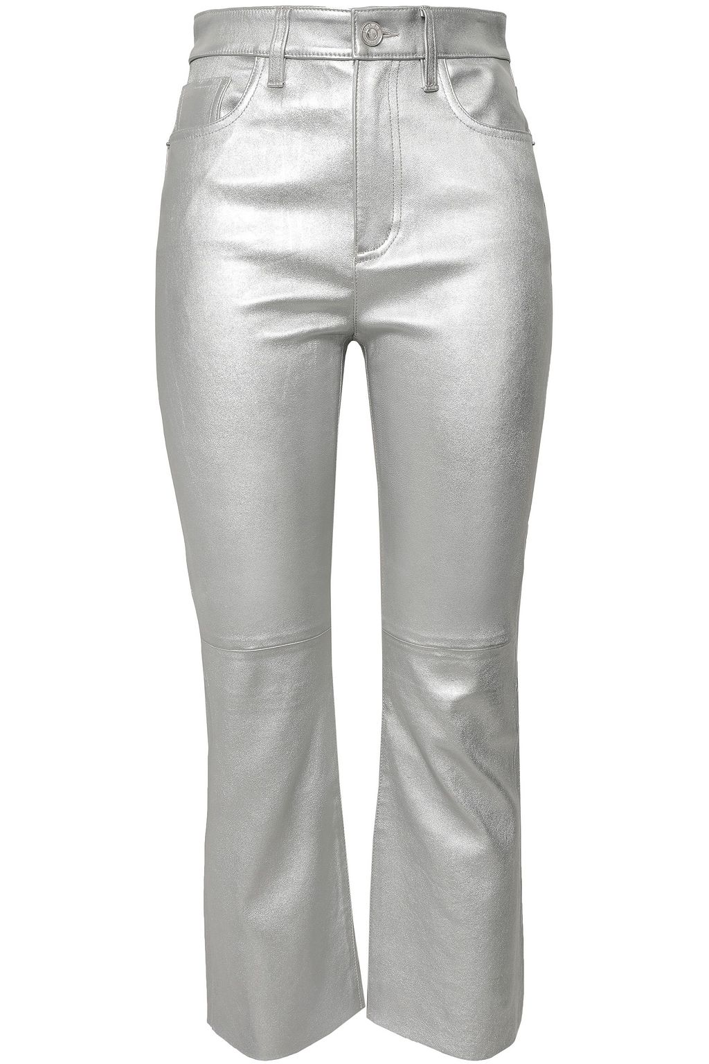 silver metallic flare pants