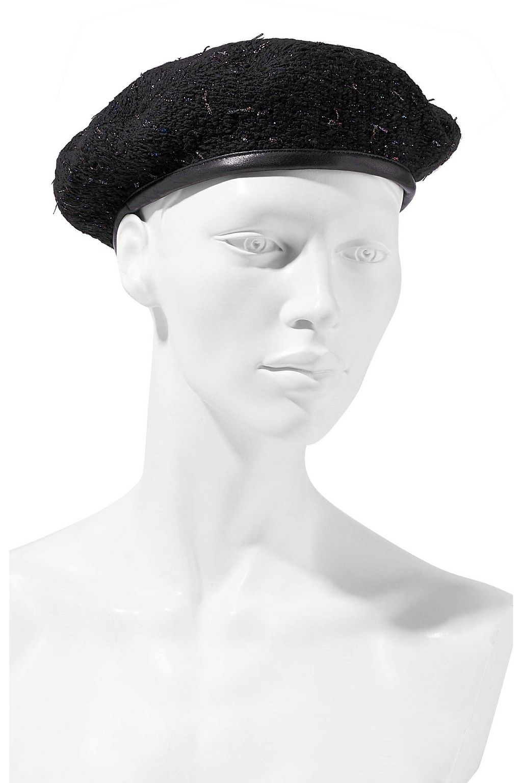EUGENIA KIM Cher leather-trimmed metallic tweed beret