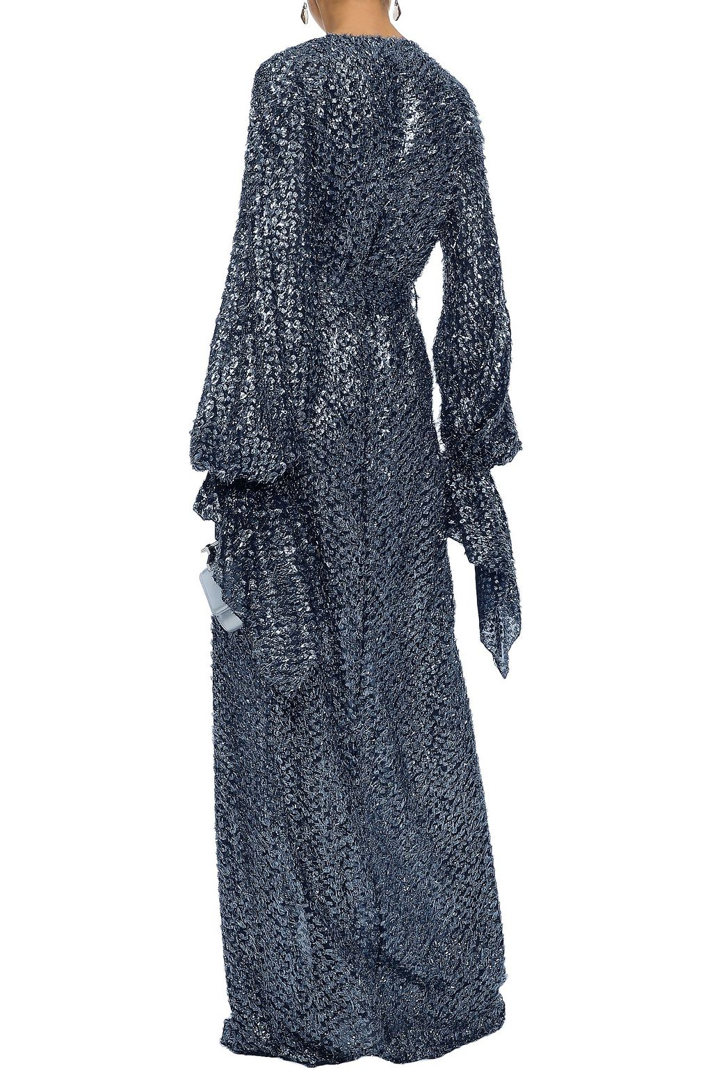 ROLAND MOURET Wrap-effect metallic fil coupé gown