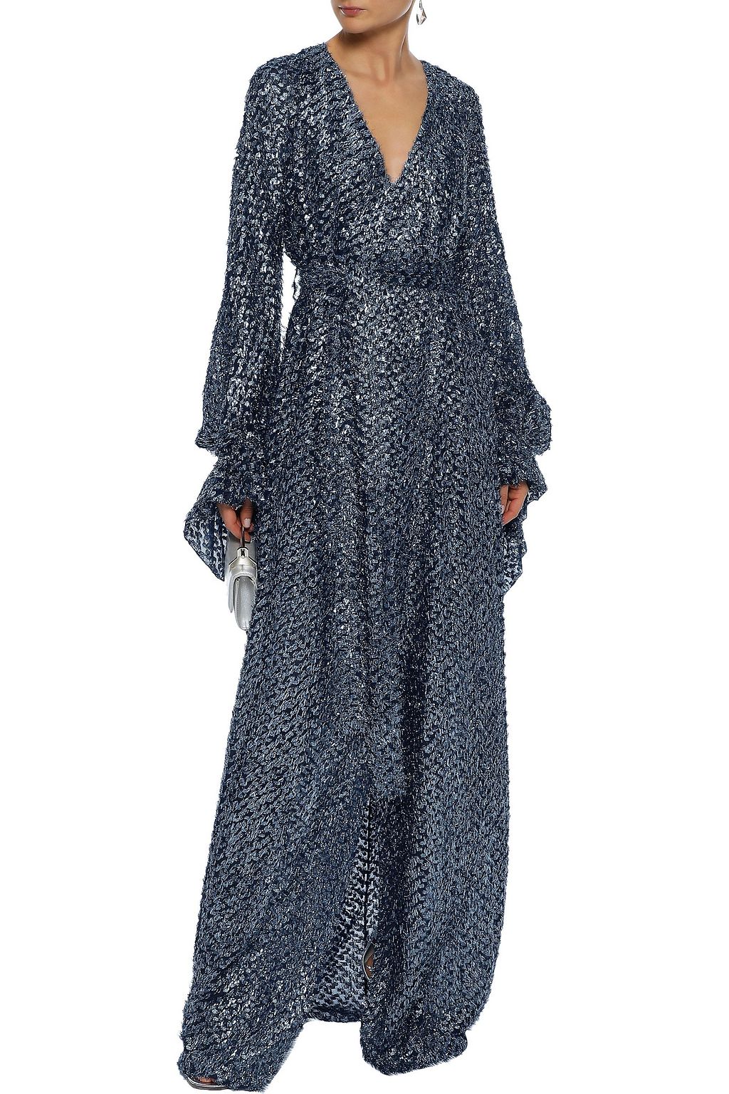 ROLAND MOURET Wrap-effect metallic fil coupé gown