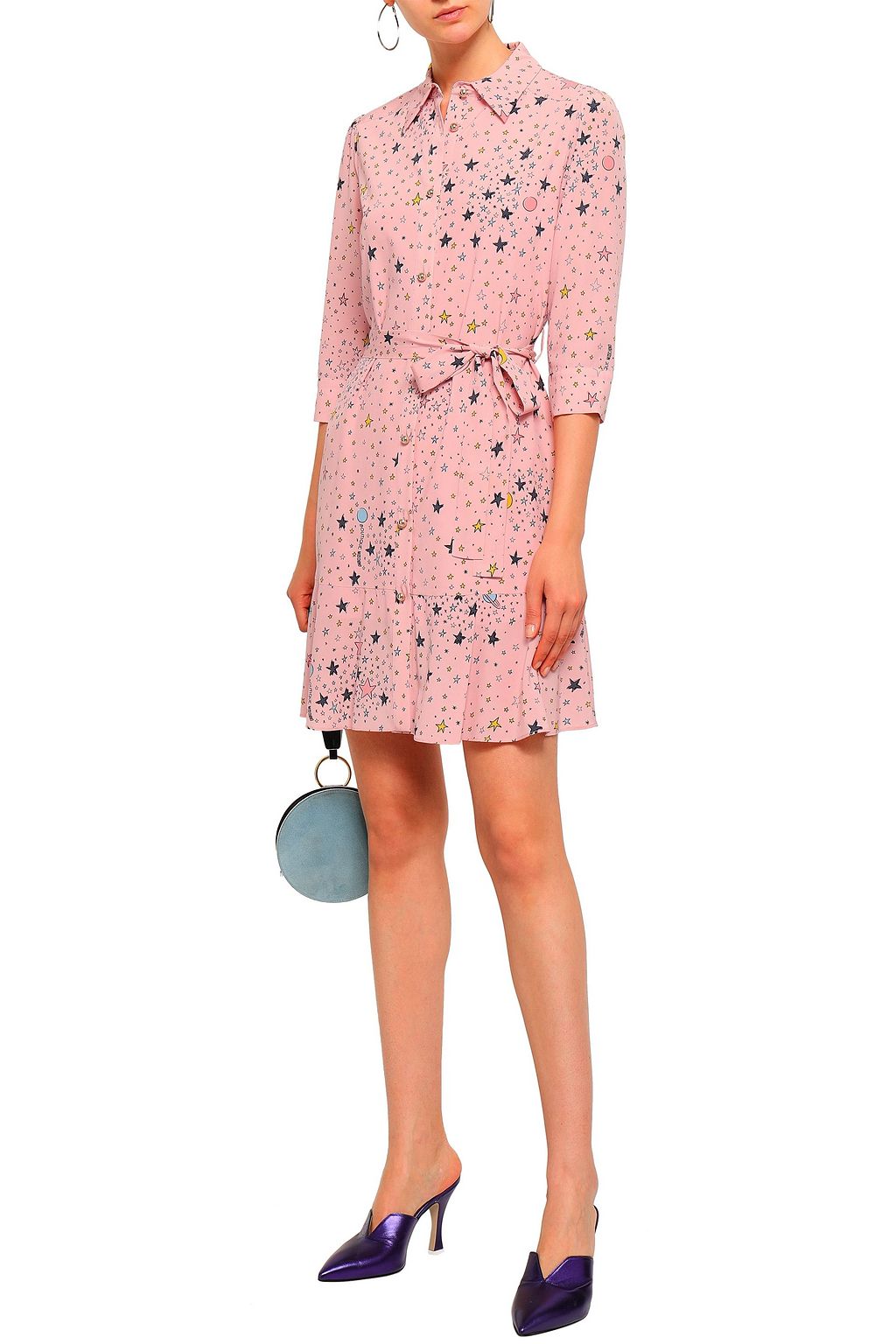 BOUTIQUE MOSCHINO Belted printed silk-blend mini shirt dress