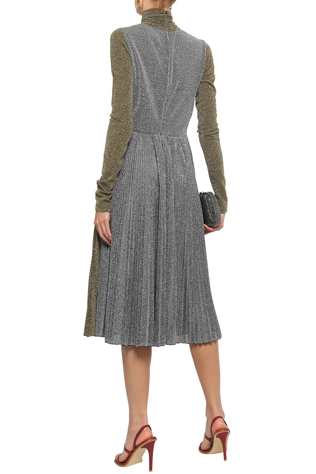 PHILOSOPHY DI LORENZO SERAFINI Pleated metallic knitted turtleneck midi dress