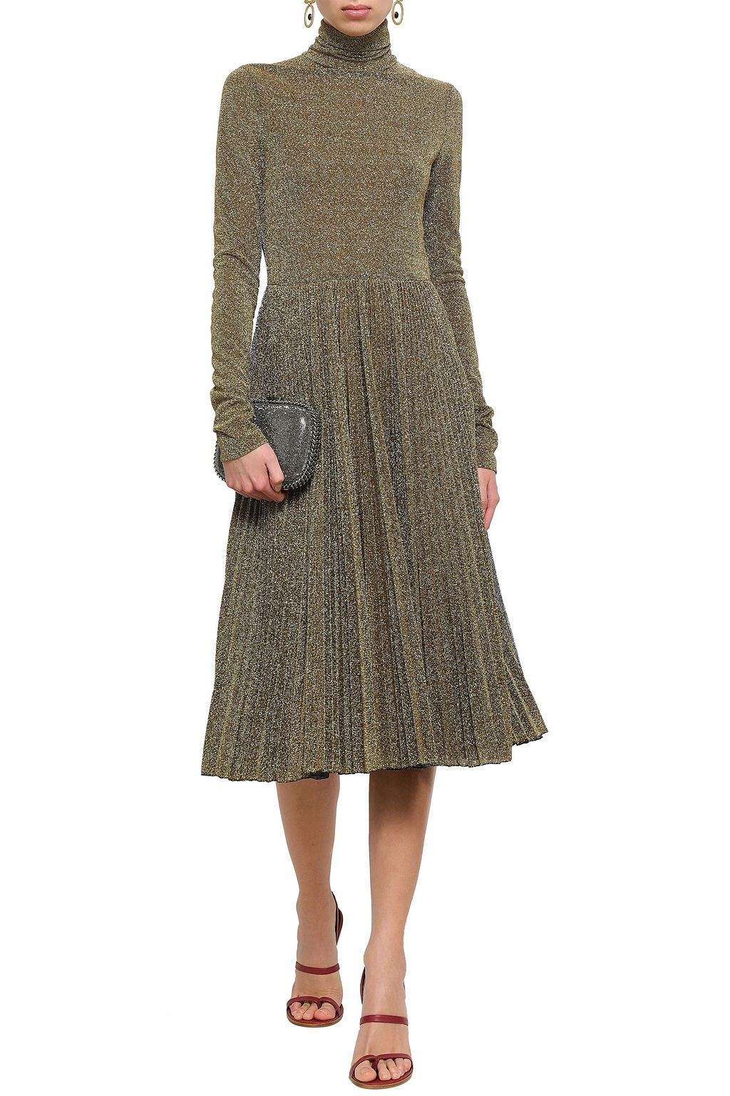 PHILOSOPHY DI LORENZO SERAFINI Pleated metallic knitted turtleneck midi dress