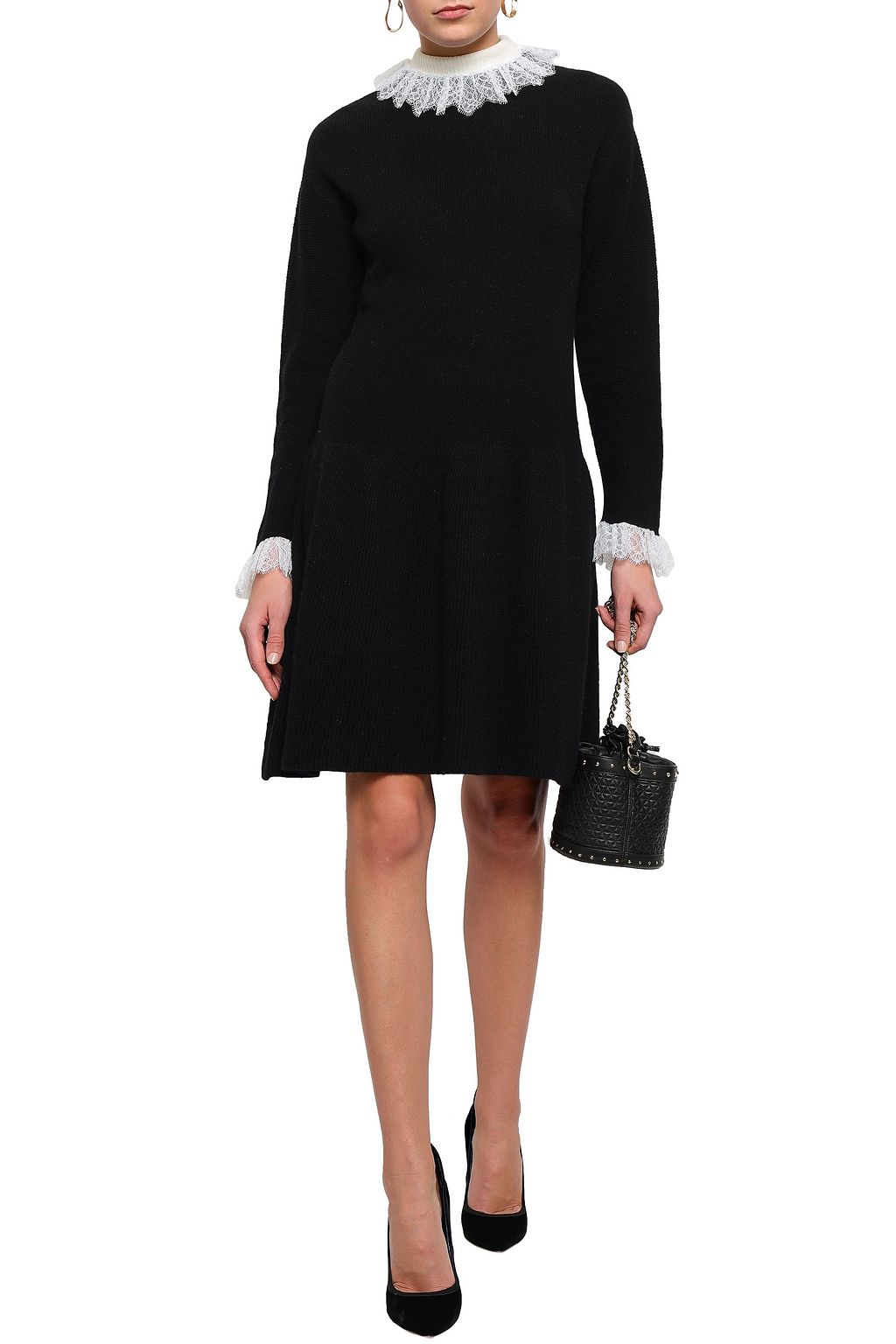 PHILOSOPHY DI LORENZO SERAFINI Lace-trimmed ribbed-knit wool-blend mini dress