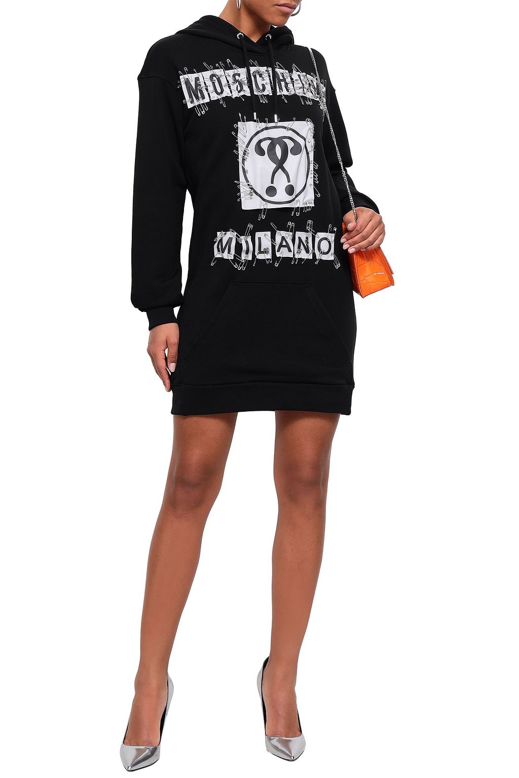 MOSCHINO Embellished printed French cotton-terry hooded mini dress